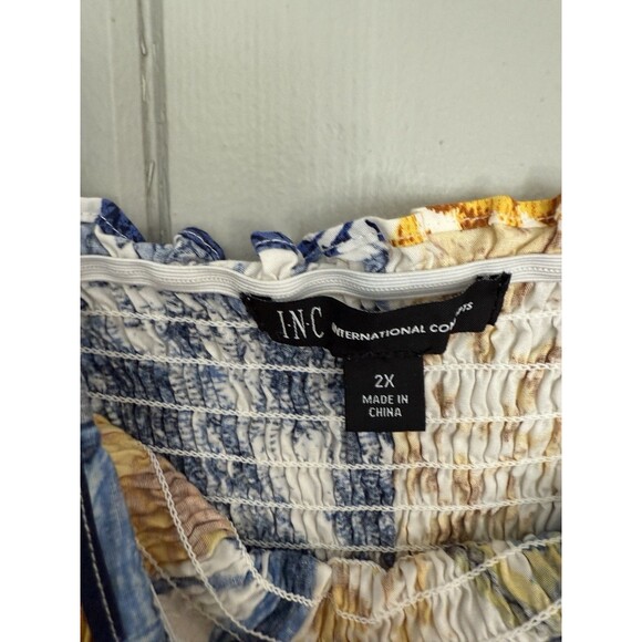 INC Dress 2X Printed Smocked Tiered Puff Sleeve Flowy Maxi Cotton Blue Gold - Picture 6 of 7